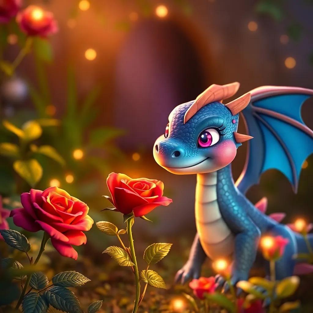 Dragónazul the dragon smiling kindly at the red rose in the garden, a magical atmosphere with sparkling lights, digital art, friendly interaction, colorful and warm