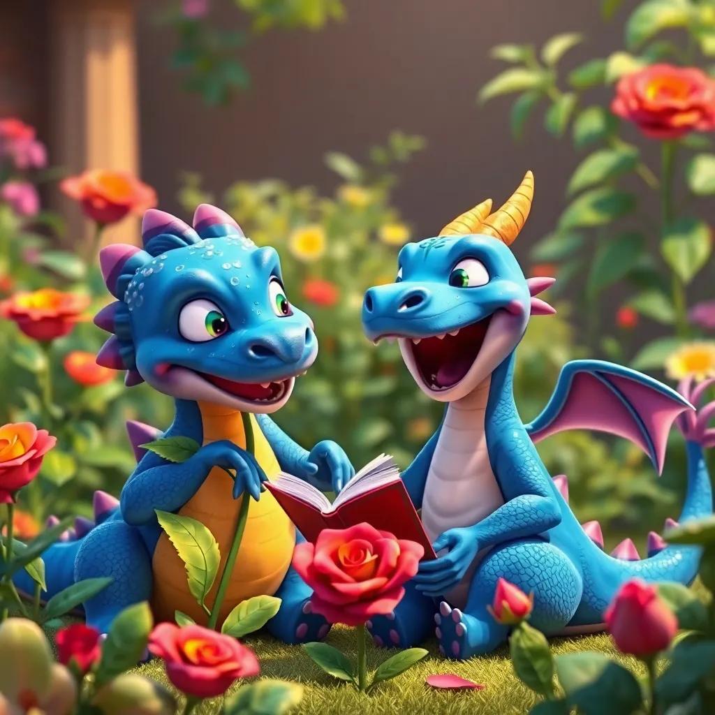 Dragónazul and the rose having fun together in the garden, the dragon sharing stories while the rose listens joyfully, cheerful setting, bright colors, heartwarming scene