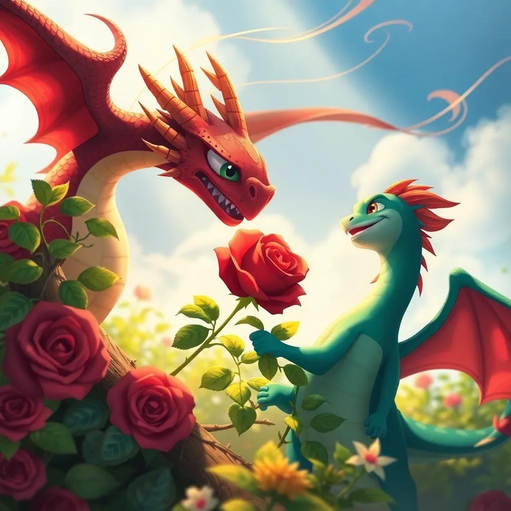 A strong wind blowing in the garden, Dragónazul helping the red rose tangled in branches, showcasing teamwork and friendship, dramatic light, vibrant colors, child-friendly illustration