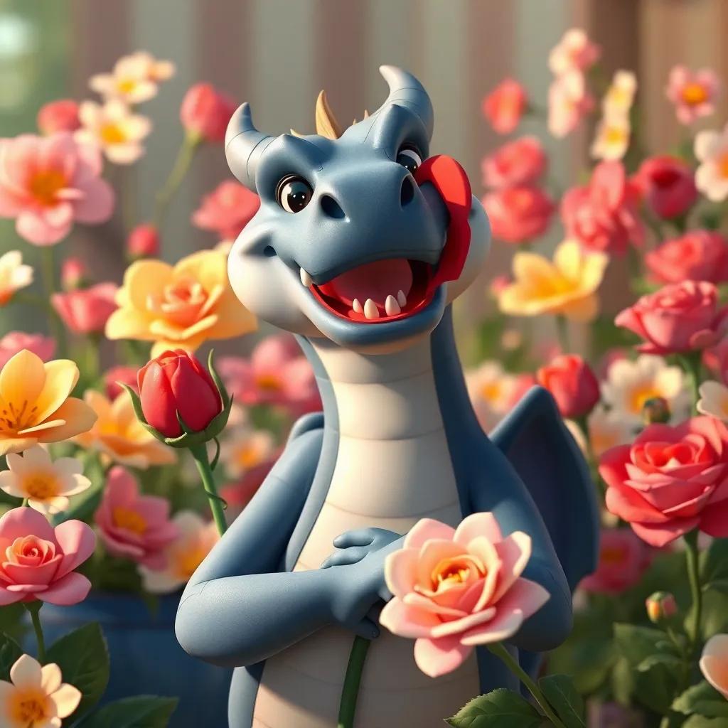 The rose thanking Dragónazul with a big smile, surrounded by blooming flowers, emphasizing heartfelt friendship and gratitude, warm and inviting atmosphere, digital art