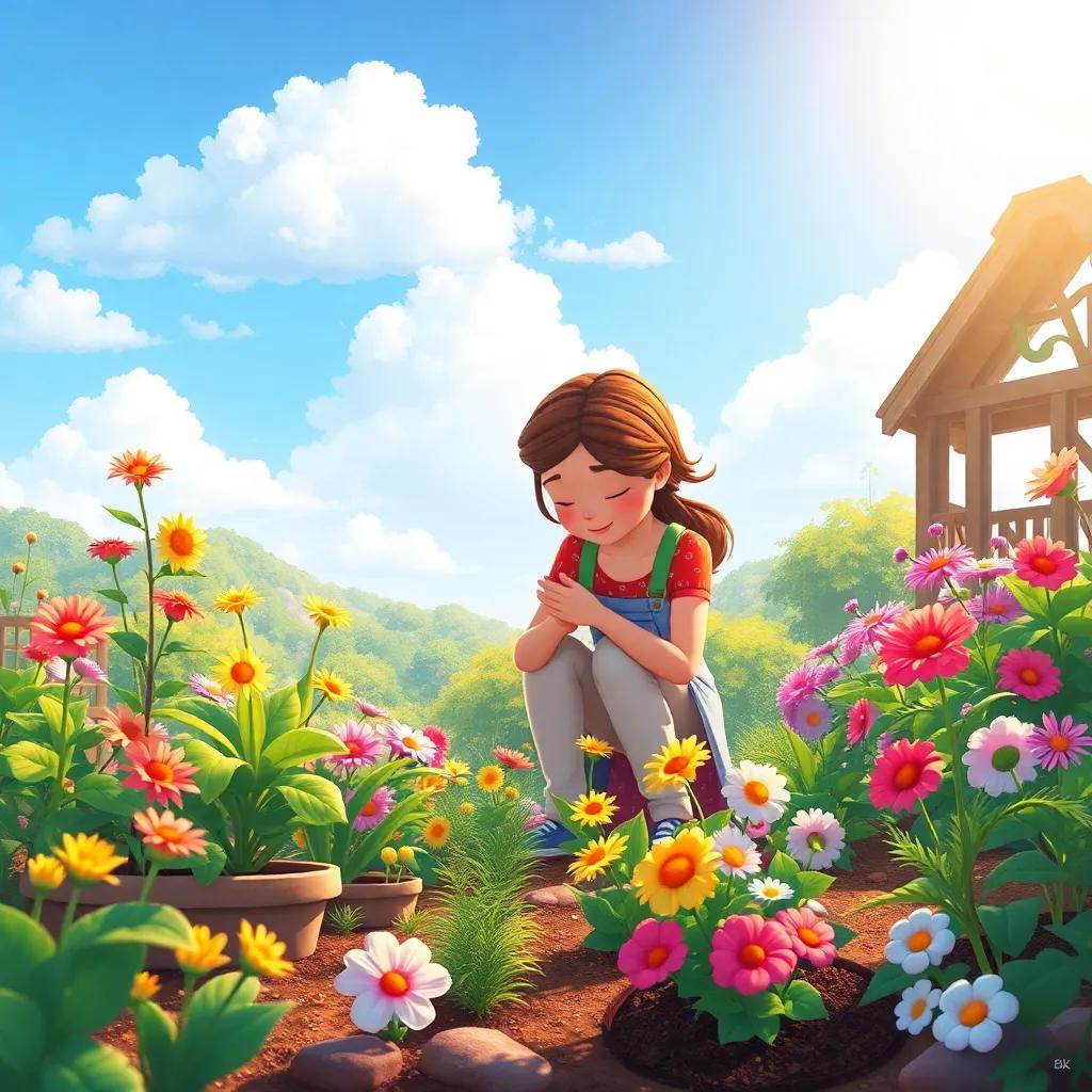 Dragónazul nurturing the garden, caring for plants and flowers, highlighting love and dedication, dreamy landscape, bright sunshine, colorful and peaceful illustration