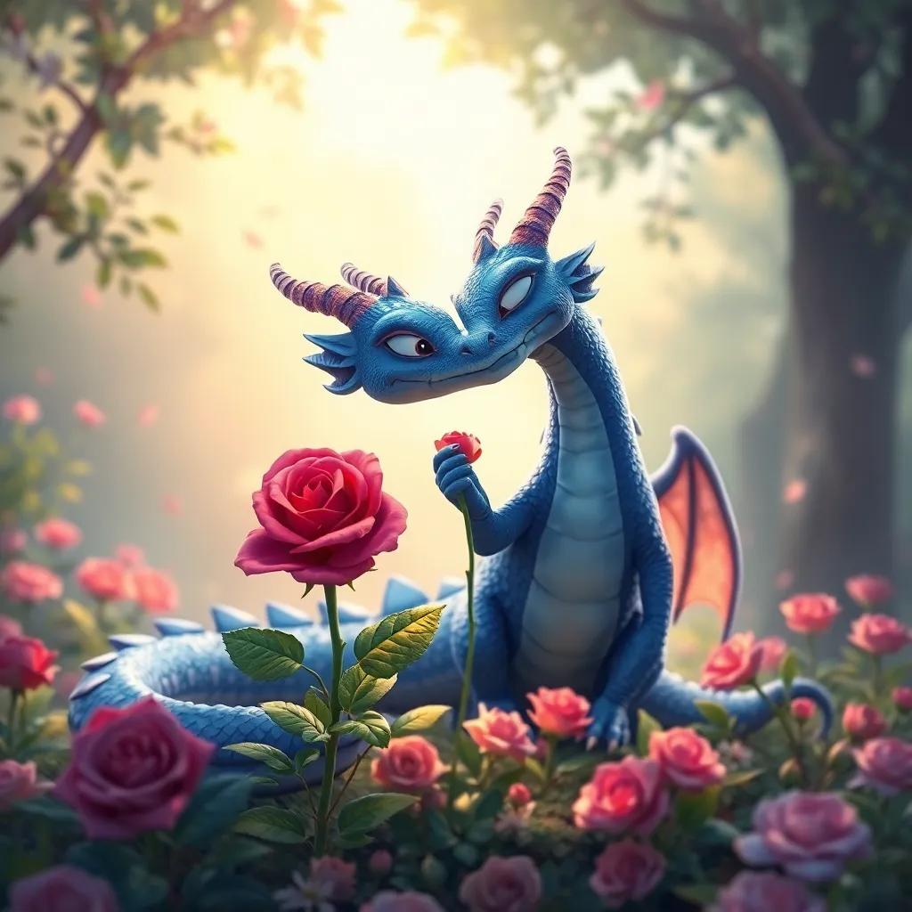Dragónazul and the rose enjoying a moment together, the dragon protecting the garden, showcasing their strong bond, romantic setting, soft colors, uplifting scene