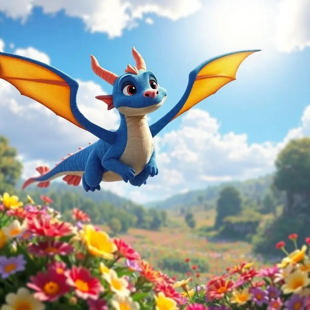 Dragónazul flying high in the sky above the garden, smiling down at the beautiful landscape filled with flowers, with the sun shining brightly, joyful and triumphant mood