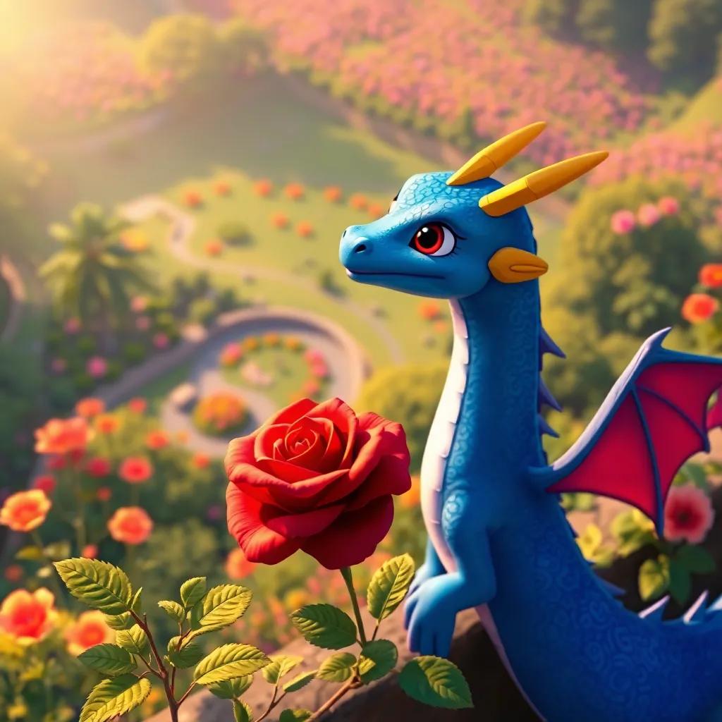 Dragónazul looking happy while watching the garden's beauty, with the rose close, symbolizing love and friendship, high above view, vibrant colors, heartwarming imagery