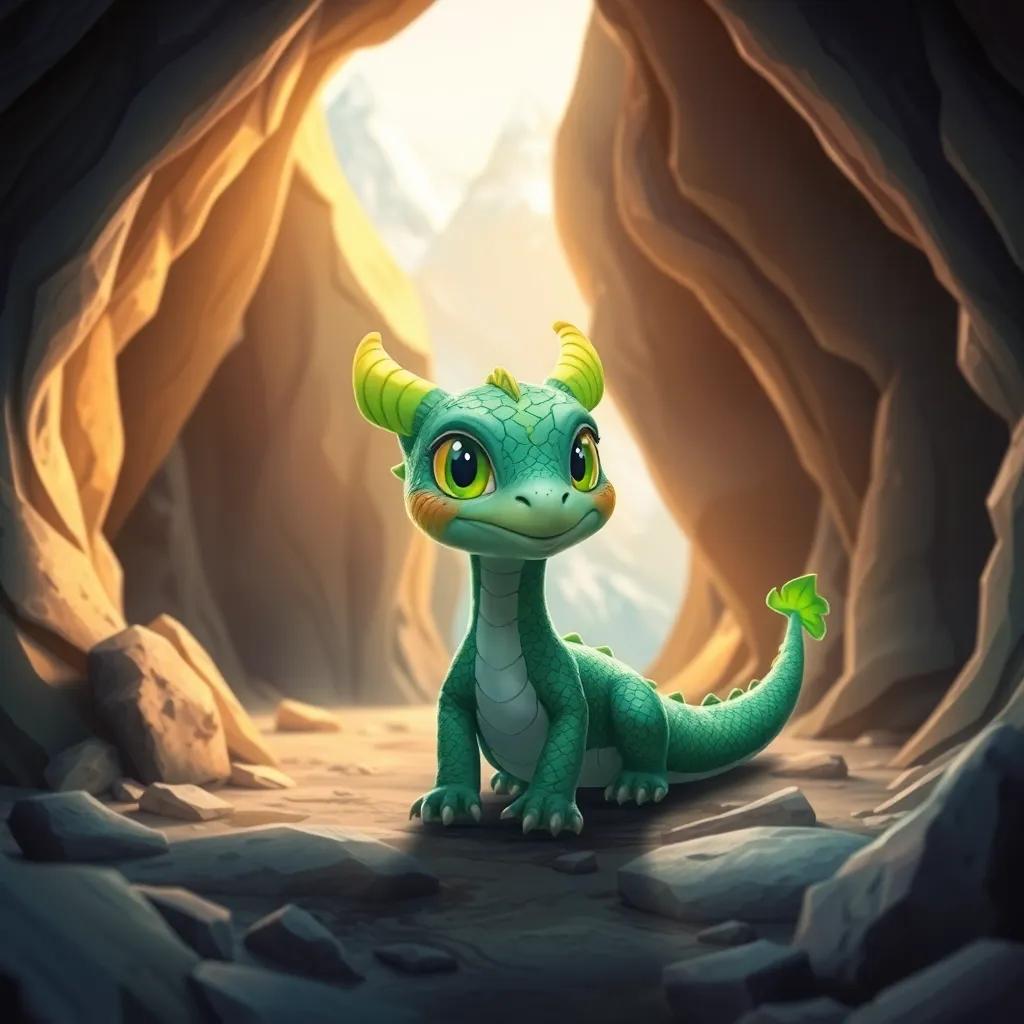 Un pequeño dragón llamado Draki, con escamas verdes y ojos brillantes, en una cueva grande y brillante con un paisaje montañoso, ilustración, colorida, acogedora, arte infantil