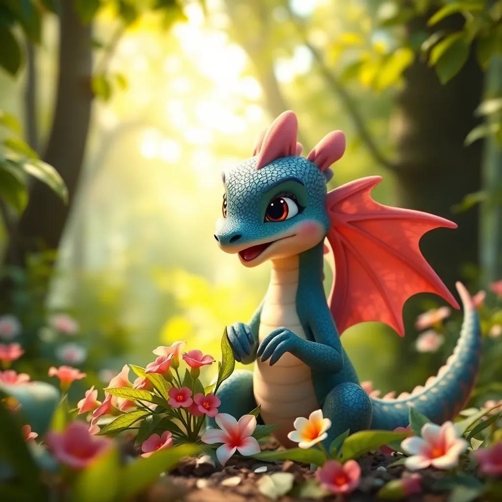 Draki, el pequeño dragón, creando una invitación adorada con hojas y flores, mostrando su expresión de emoción, en un bosque, vibrante, con luz suave, perspectiva cercana