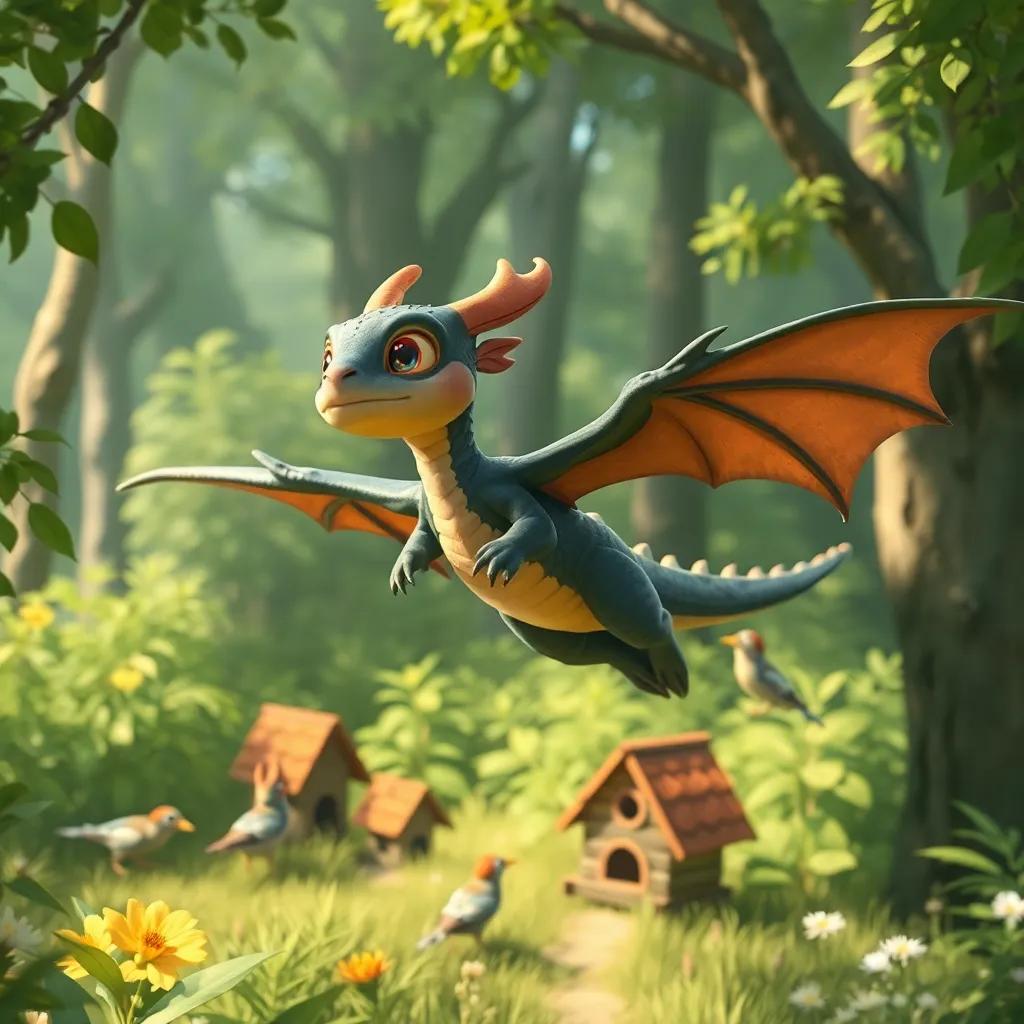 El pequeño dragón volando por un bosque verde, colocando invitaciones en las casas de los conejos y ardillas, florecido, encantador, arte digital, estilo amigable