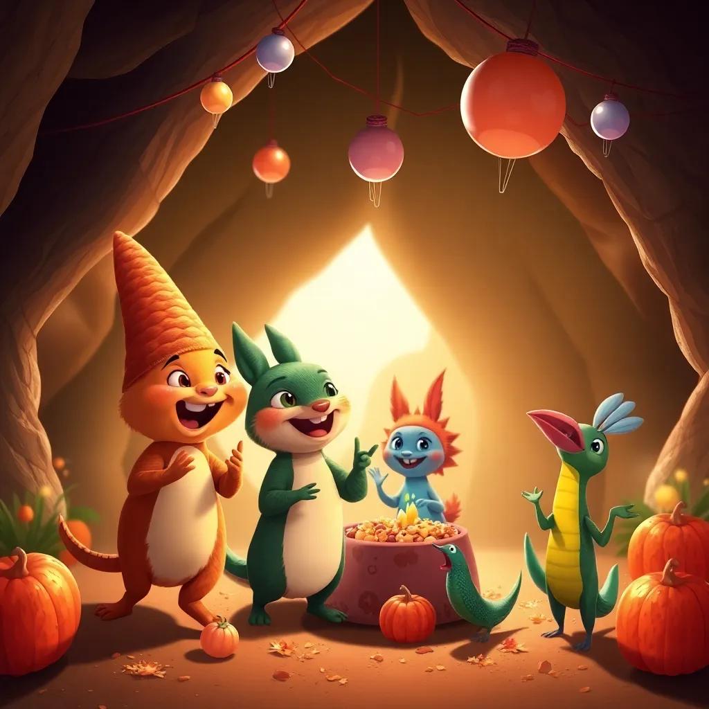 Los amigos de Draki llegando a la fiesta, conejos con zanahorias, ardillas con nueces y pájaros cantando, cueva decorada con globos y serpentinas, colorido, alegre, ilustración encantadora