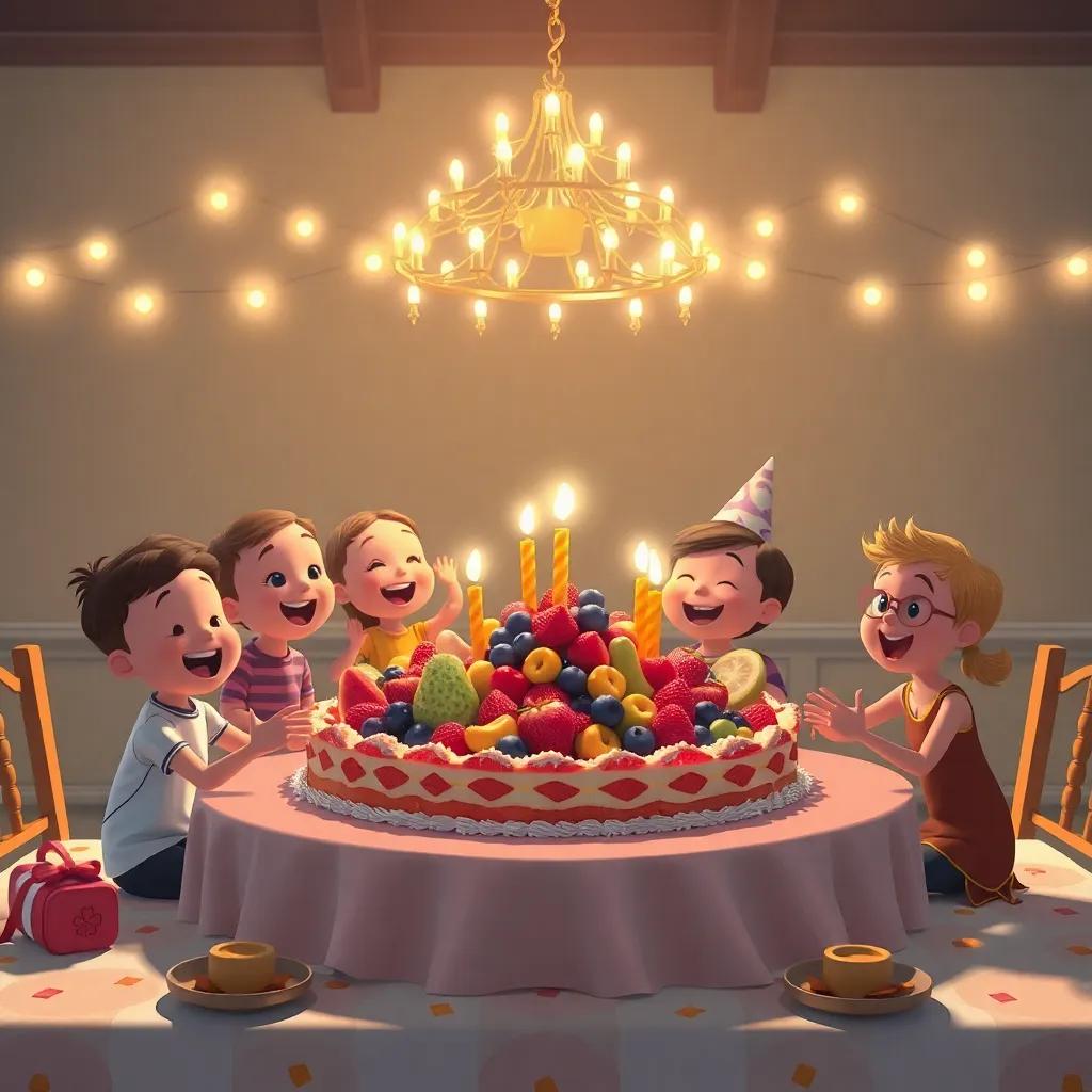 Una gran tarta de frutas en una mesa decorada, todos los amigos celebrando con alegría, un árbol decorativo y luces brillantes, cálido, festivo, arte infantil