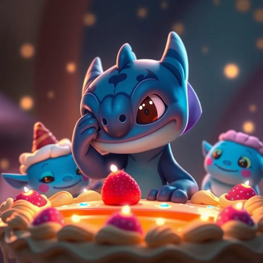 Draki cerrando los ojos para pedir un deseo delante de su tarta, rodeado de sus amigos sonrientes, con colores suaves y luz mágica, estilo encantador