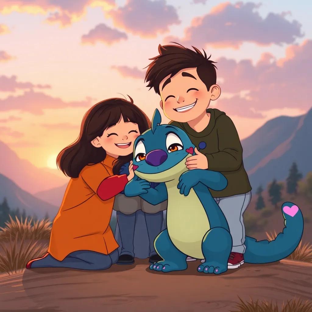 Los amigos despidiéndose con abrazos y sonrisas, Draki sonriendo con alegría, fondo de un paisaje montañoso y el atardecer, ilustración dulce y nostálgica