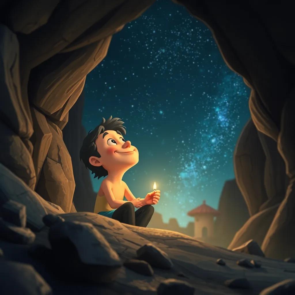 Draki en su cueva, contento por la exitosa fiesta, mirando hacia el cielo estrellado con su corazón lleno de dicha, arte digital, brillante y veneciano