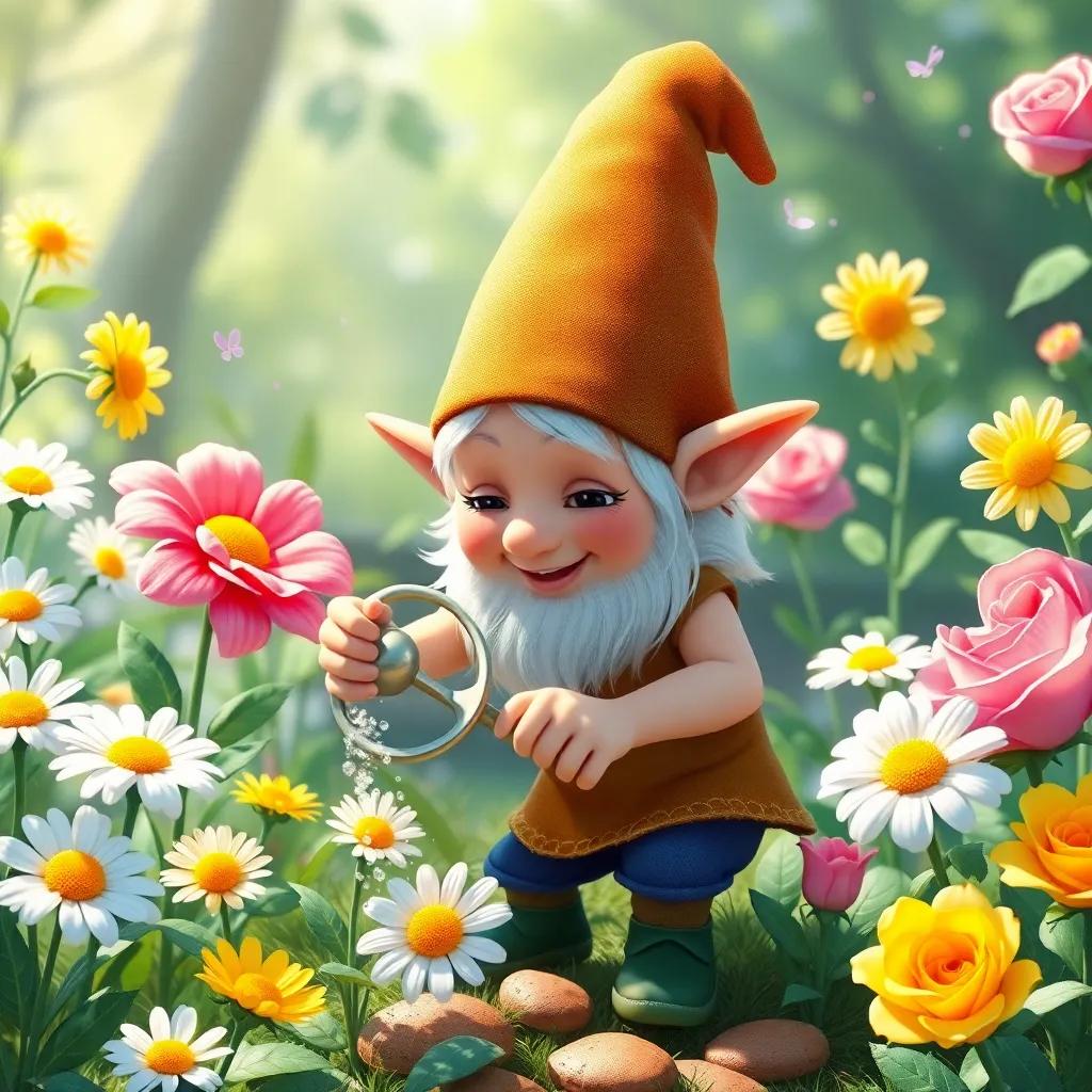 Verdecito, the gnome with pointed ears, is watering magical flowers that have different colors and personalities, surrounded by singing daisies and laughing roses, bright and lively, enchanting scene, digital art