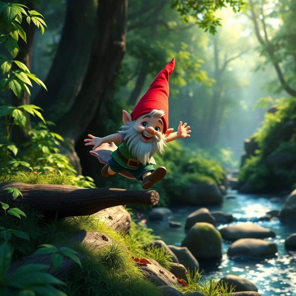 The gnome Verdecito on an adventure, jumping over logs and gliding near a river in a lush green forest, seeking out mischievous shadows that steal color, dynamic pose, detailed and colorful, storytelling vibe