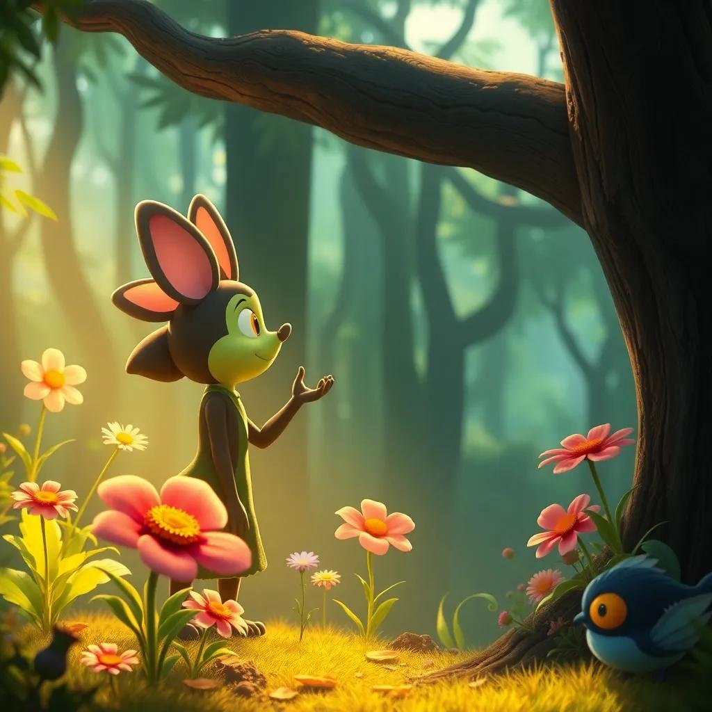 Verdecito bravely talking to the shadows in the forest, explaining how to respect flower joy, surrounded by curious magical flowers observing the scene, warm lighting, friendly enchanted creatures, rich details