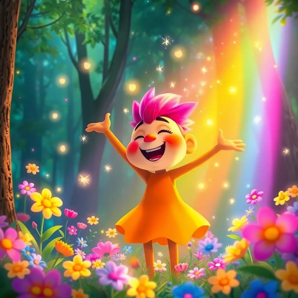 A joyful scene in the forest after the return of the colors, with Verdecito surrounded by bright flowers and dancing lights, creating a rainbow in the sky, fantasy atmosphere, heartwarming and vibrant, high-quality illustration