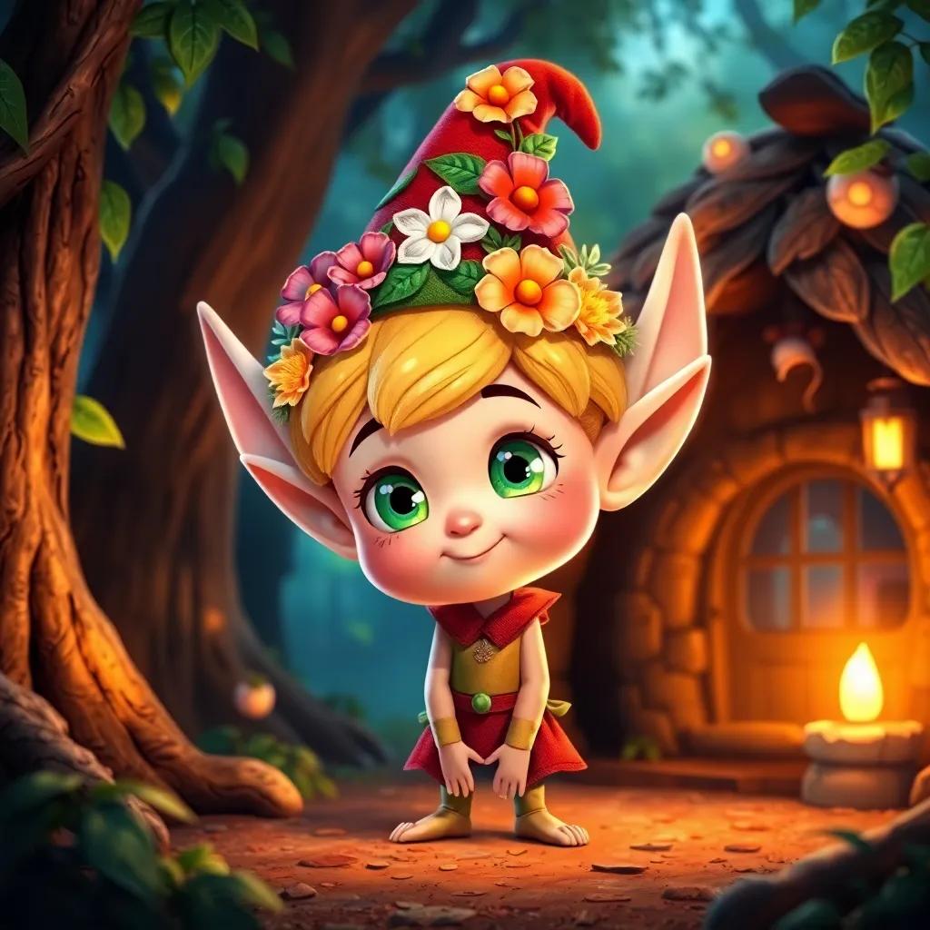 A small elf named Florín, with bright star-like eyes, wearing a colorful hat adorned with flowers, in a magical forest with a cozy cabin made of leaves and branches, warm lighting, vibrant colors, enchanting atmosphere, digital art, high quality