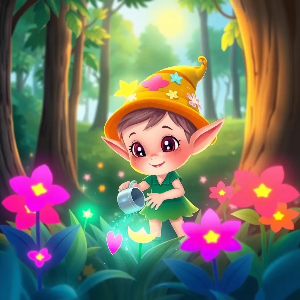 Florín, the small elf with bright star-like eyes and a colorful hat, watering vibrant magical flowers that glow in the forest, under a sunny sky, cheerful and bright, illustration, child-friendly, fantasy art