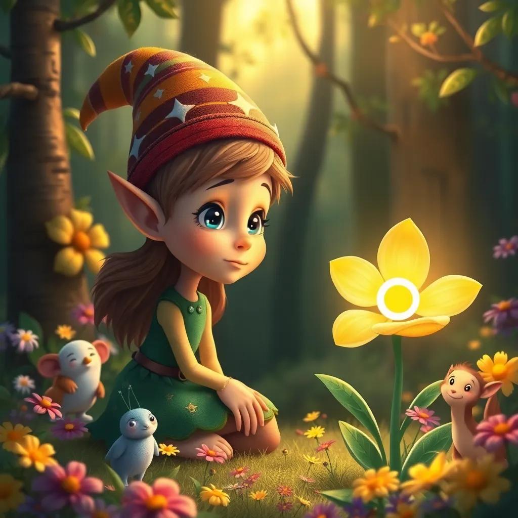 Florín, the elf with star-like eyes and a colorful hat, listening to a sad magical flower in the forest, surrounded by colorful flowers and curious animals, warm light, whimsical vibe, detailed illustration, inviting