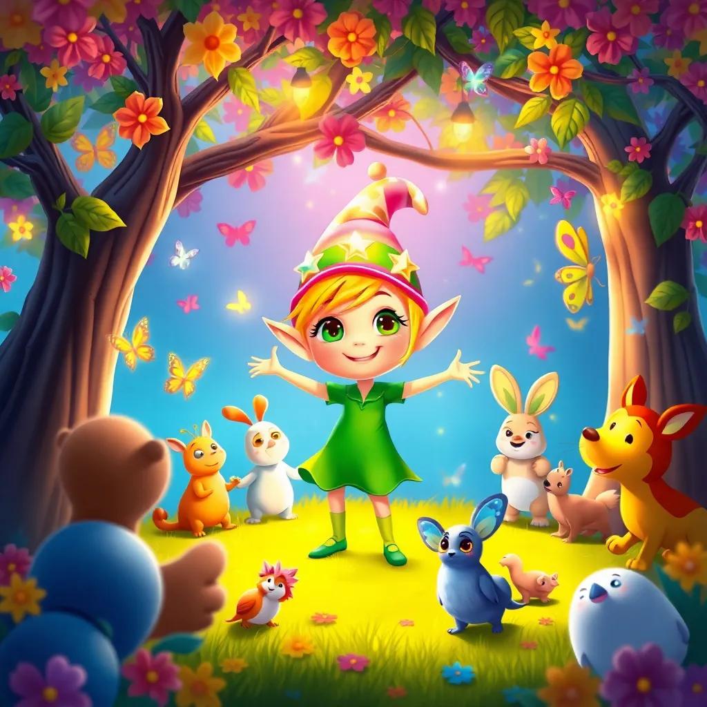 Florín, the small elf with bright star-like eyes and a colorful hat, organizing a joyful dance party with butterflies and animals under a colorful tree, vibrant atmosphere, cheerful colors, lively illustration, child-friendly