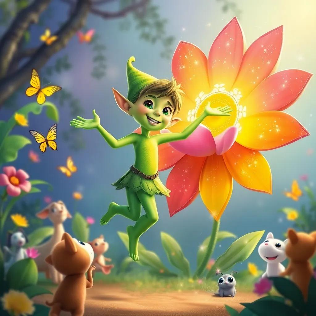 Lirio, the green elf dancing joyfully around a vibrant, colorful flower with sparkling petals, surrounded by curious animals and fluttering butterflies, illustration, cheerful, magical scenery, high quality