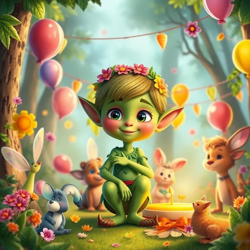 Lirio, the green elf, inviting friends like fairies and animals to a colorful party in the forest, with balloons and decorations made of flowers, detailed illustration, warm colors, festive atmosphere, high quality