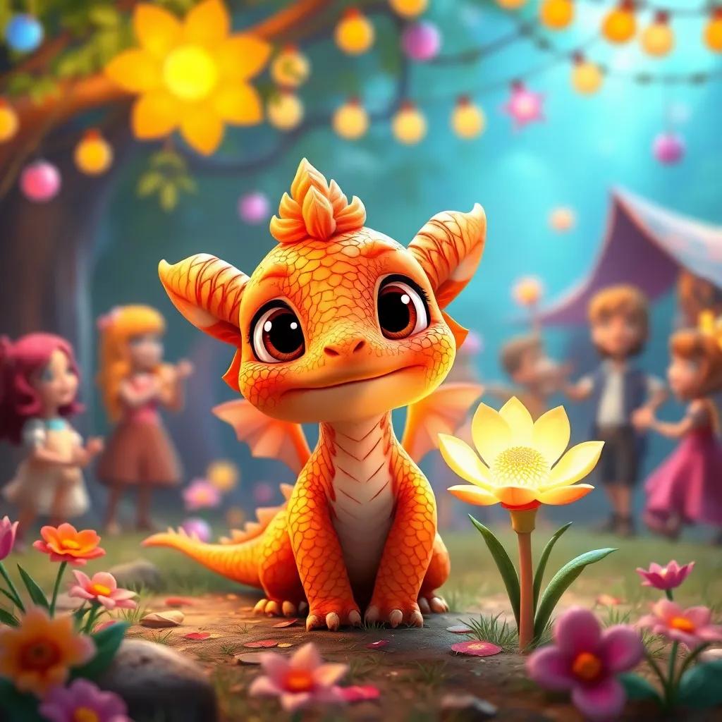 Chispas, a small mischievous dragon, with shiny orange scales and bright eyes, playfully watching the magical flower at a joyful woodland party where everyone is dancing, colorful, fun setting, high quality