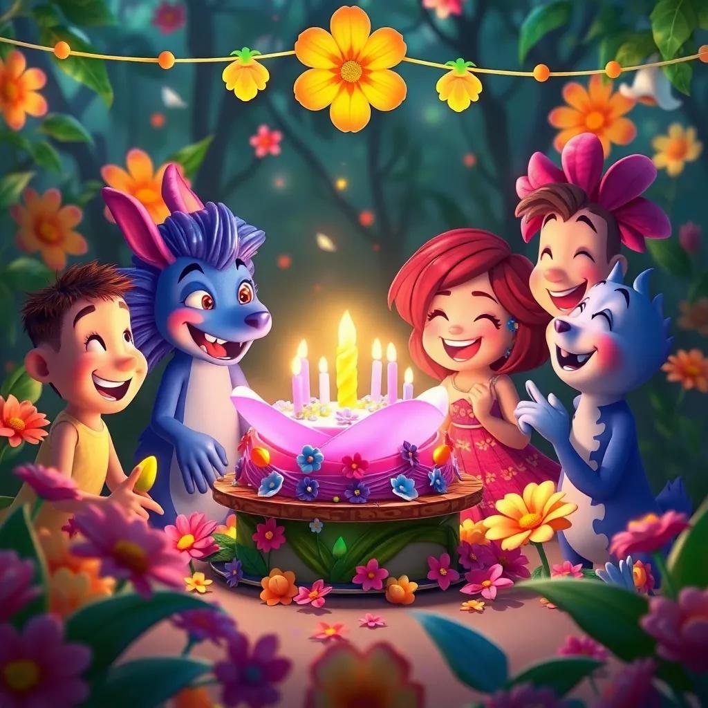 Lirio and his friends gathered around the magical flower, celebrating joyfully with a bright and colorful cake, laughter, and decorations made of flowers, digital art, joyful, enchanting atmosphere, high quality