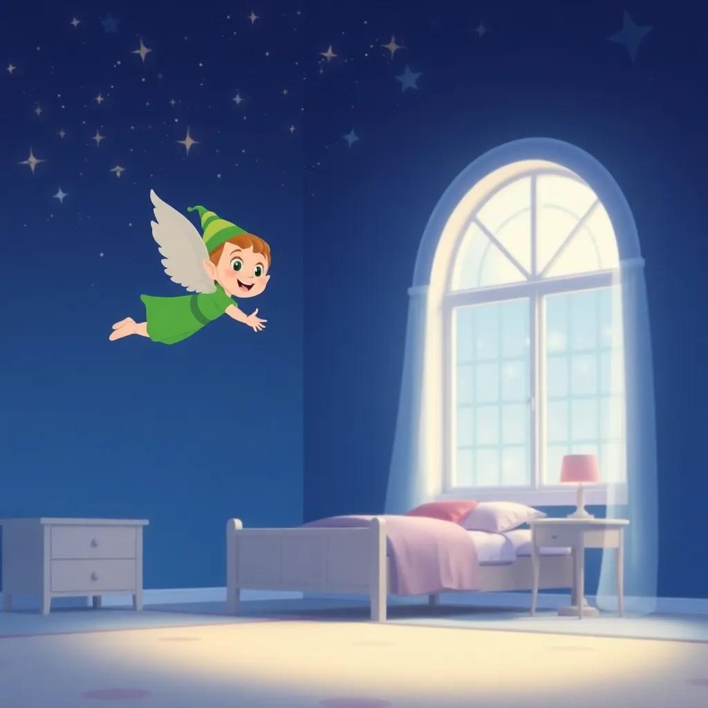 Nube the elf flying towards a child's room, filled with soft moonlight and twinkling stars, illustration, cheerful, magical theme, high quality