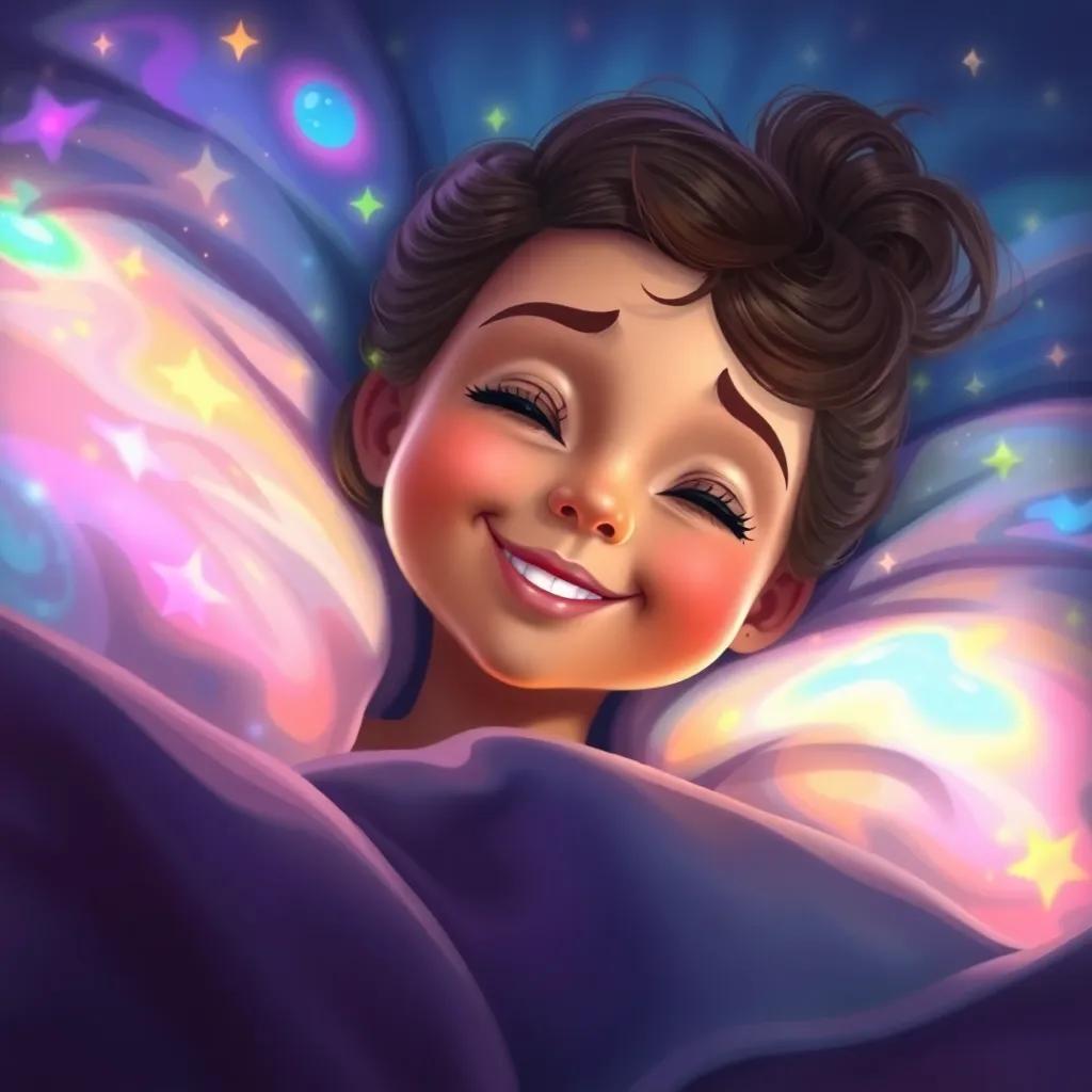 A little girl named Sofía smiling in her sleep, with colorful dreams swirling around her, surrounded by vibrant hues and sparkles, digital painting, dreamy atmosphere, high quality