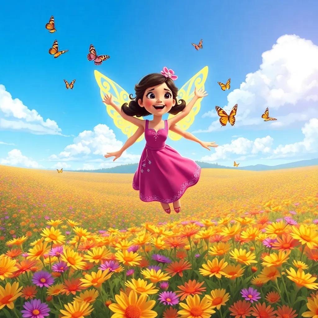 Sofía with bright wings, soaring high above fields of flowers under a blue sky, joyful expression, surrounded by butterflies, illustration, vibrant colors, high quality