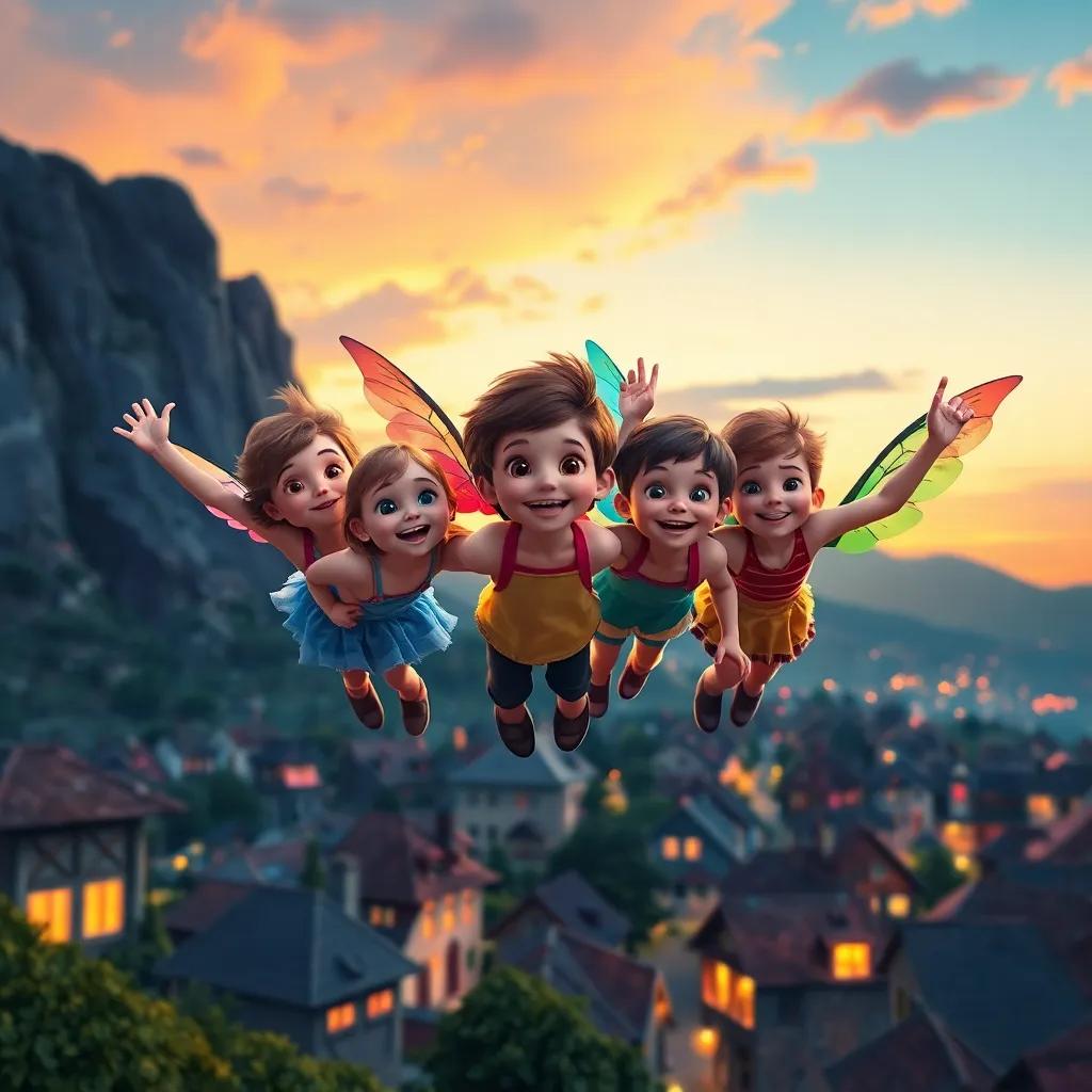 A group of children with colorful wings flying together over the village at dusk, bright smiles on their faces, surrounded by a magical glow, digital art, lively atmosphere, high quality