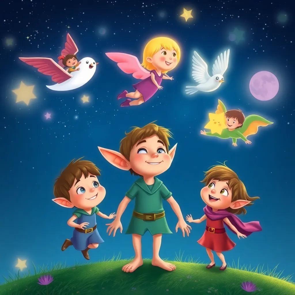Nube the elf watching the children flying together, smiling with joy as they embrace their dreams in the night sky, whimsical style, colorful, high quality