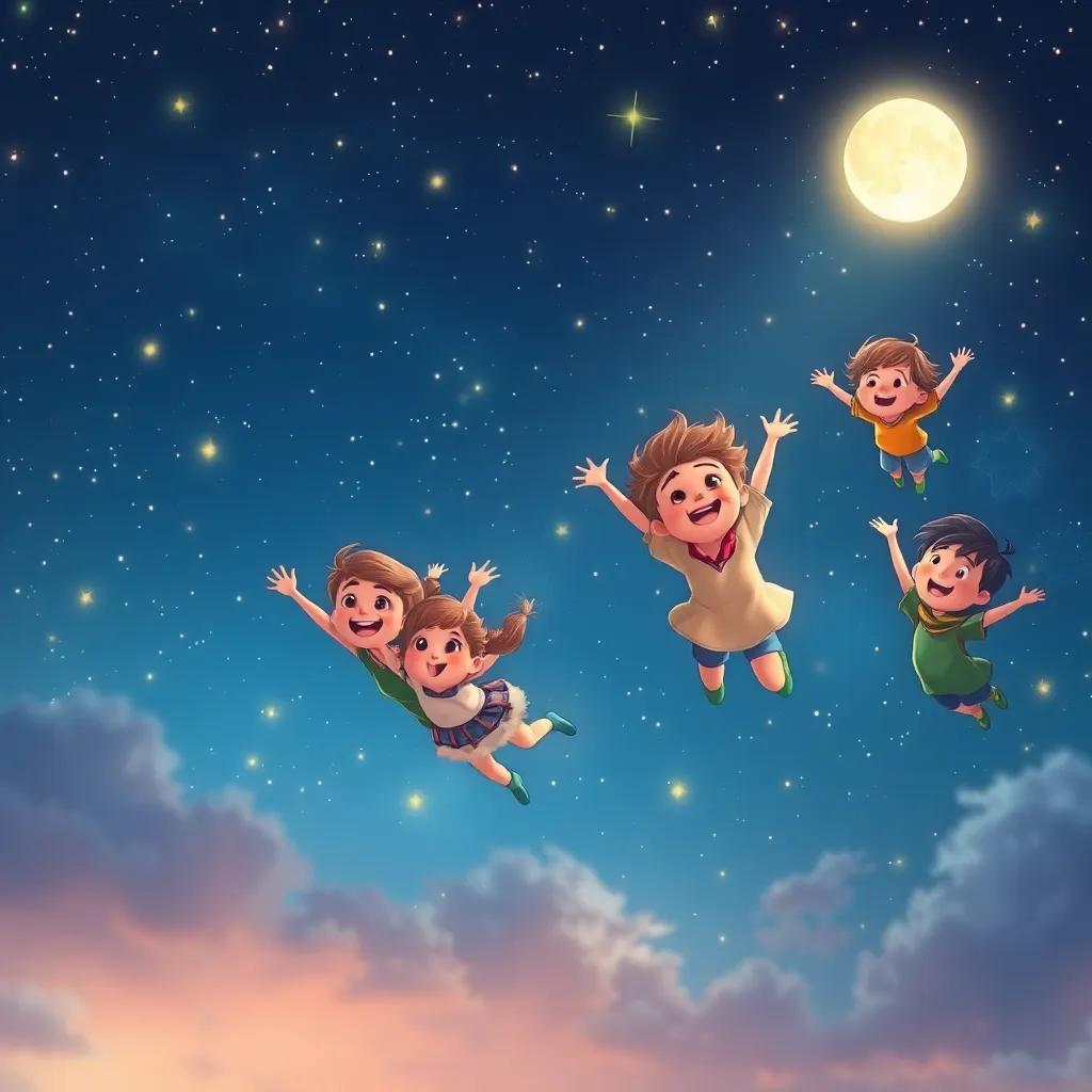 A starry sky filled with children flying happily, their joyful expressions illuminated by moonlight, magical atmosphere, digital painting, high quality