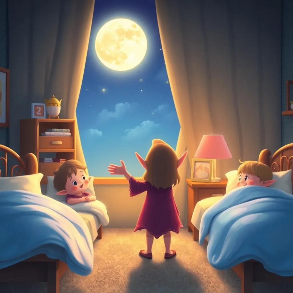Nube the elf waving goodbye to the children as they return to their beds, warm moonlight filling the room, charming illustration, peaceful atmosphere, high quality