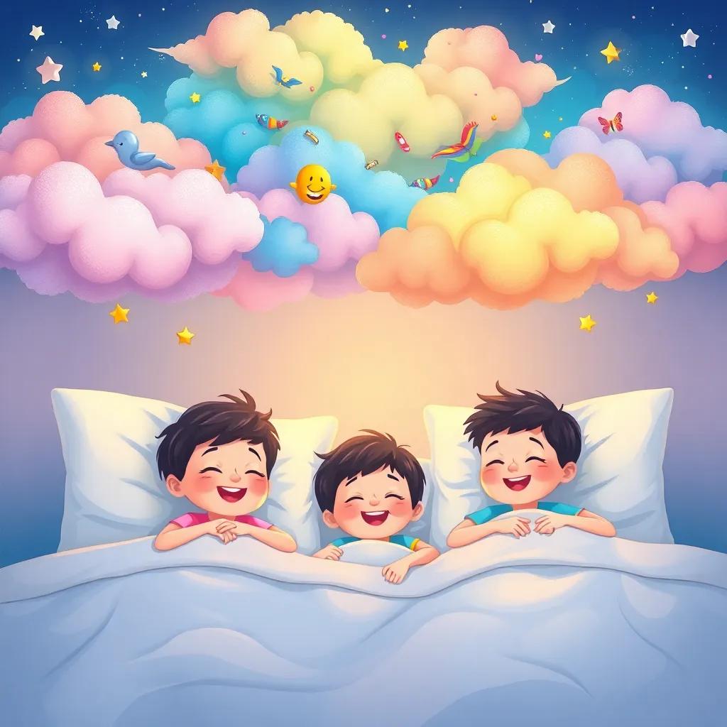 Children dreaming happily in their beds, with colorful dream clouds above them, filled with adventures and laughter, soft lighting, illustration, high quality