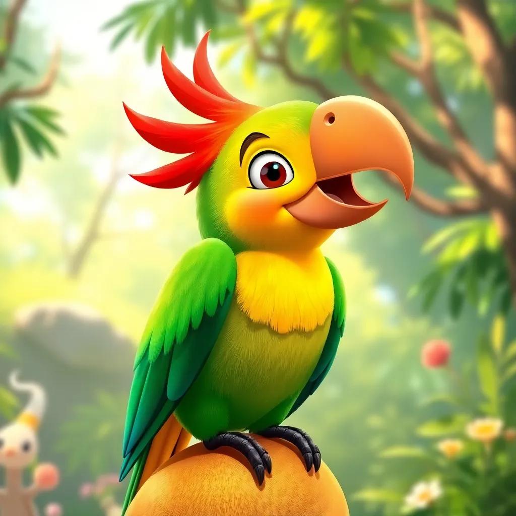A colorful parrot named Lalo with bright green and red feathers, perched on Eloísa's shoulder in a sunny forest, smiling encouragingly, illustration, cheerful, uplifting, child-friendly