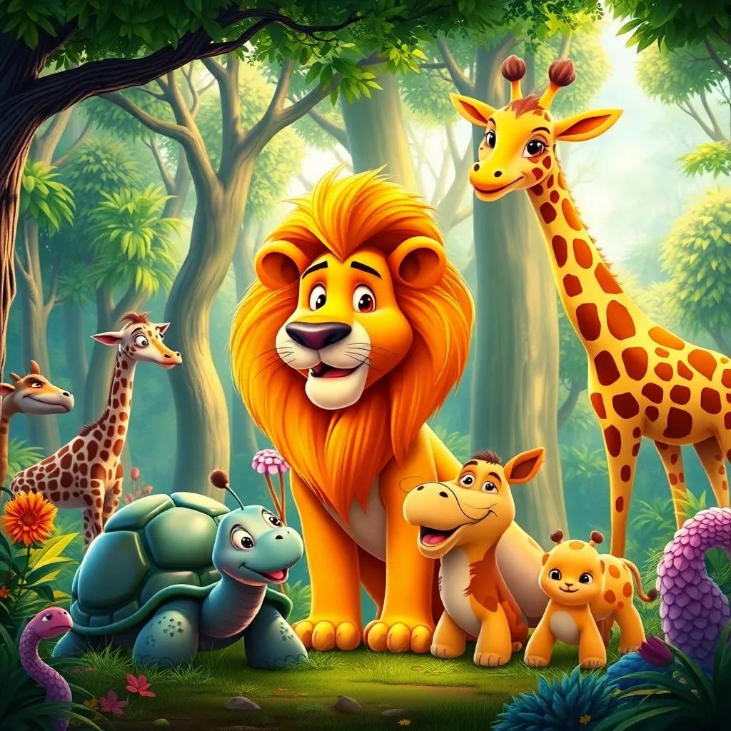 A vibrant forest clearing filled with various animals: a proud lion with a golden mane, a tall giraffe with long neck, a curious turtle, all gathered around excitedly, colorful, lively, whimsical, high quality