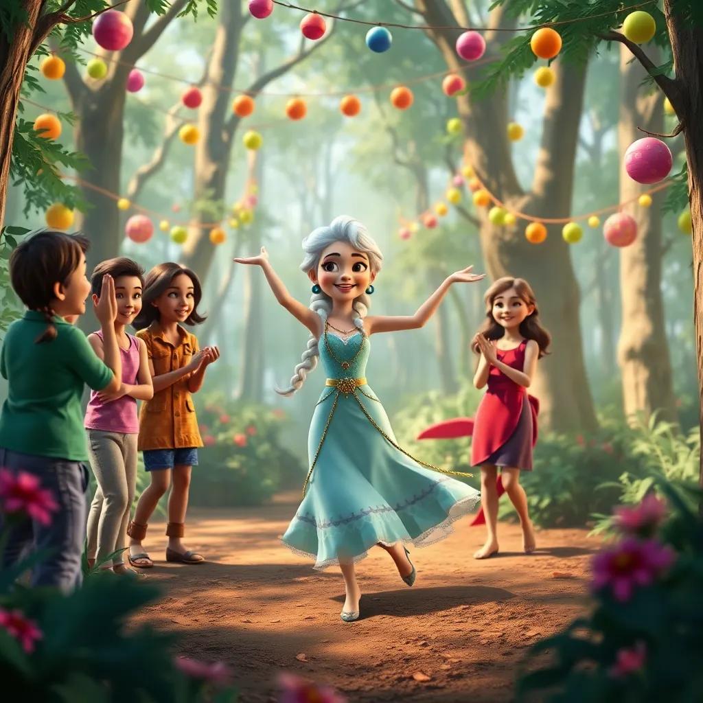 Eloísa dancing gracefully to upbeat music in the forest, with her friends applauding enthusiastically, colorful decorations hanging from the trees, joyful atmosphere, vivid colors, dynamic perspective, digital art