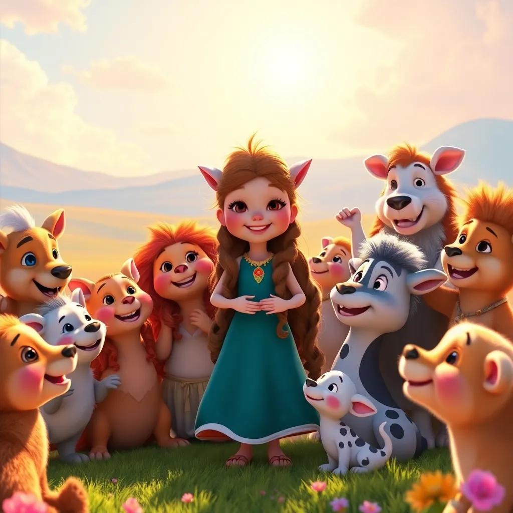 All the animals surrounding Eloísa after her performance, smiling and praising her, with bright smiles, sunny sky, colorful scenery, heartwarming view, warm colors, high quality
