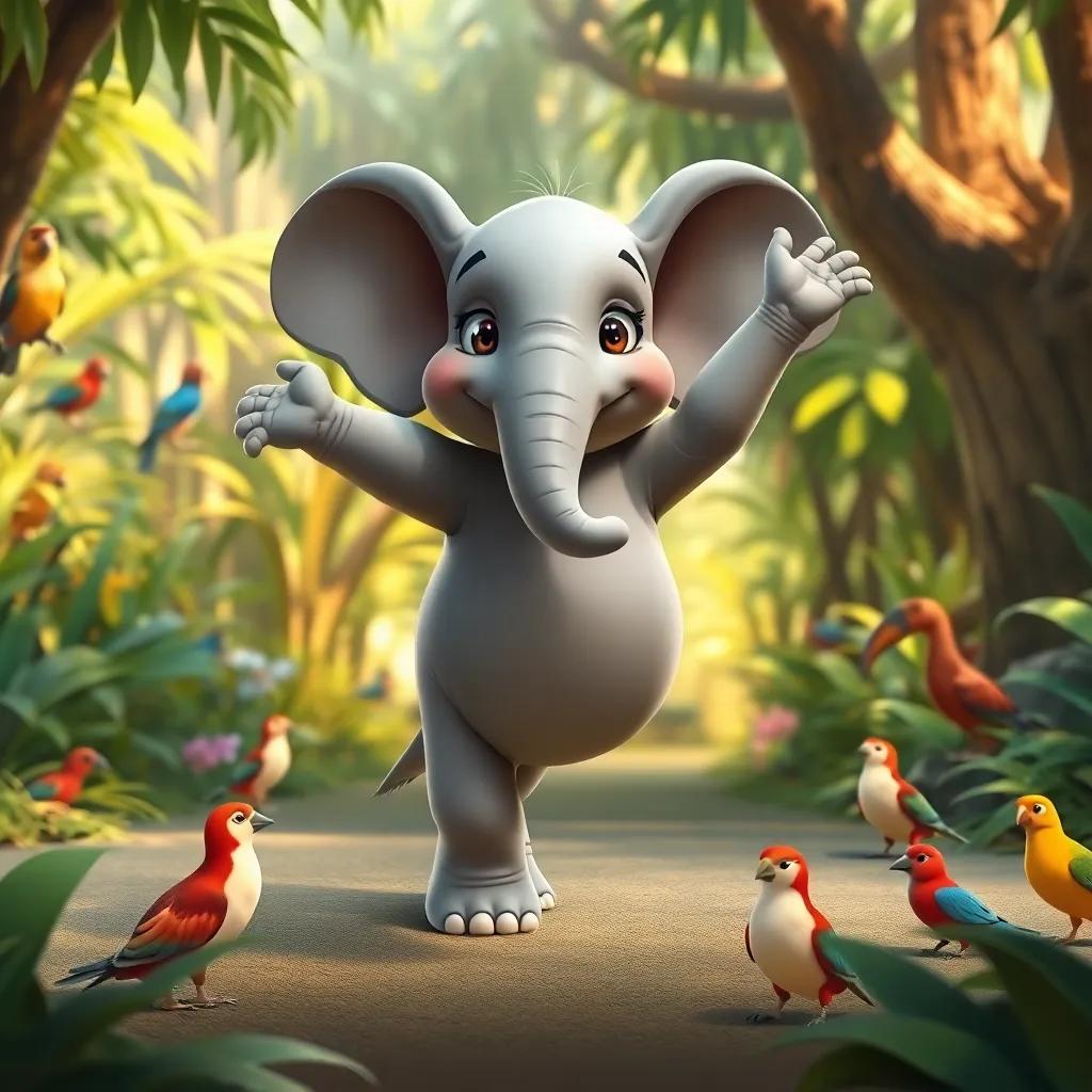 A young gray elephant, Eduardo, practicing ballet in a lush jungle, with colorful birds around him, a warm and friendly atmosphere, digital art, cheerful colors, lively perspective, high quality