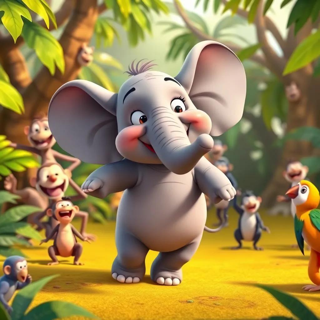 Eduardo, the young gray elephant, dancing clumsily with a big smile on his face, surrounded by laughing jungle animals like monkeys and parrots, cheerful environment, bright colors, playful scene, child-friendly