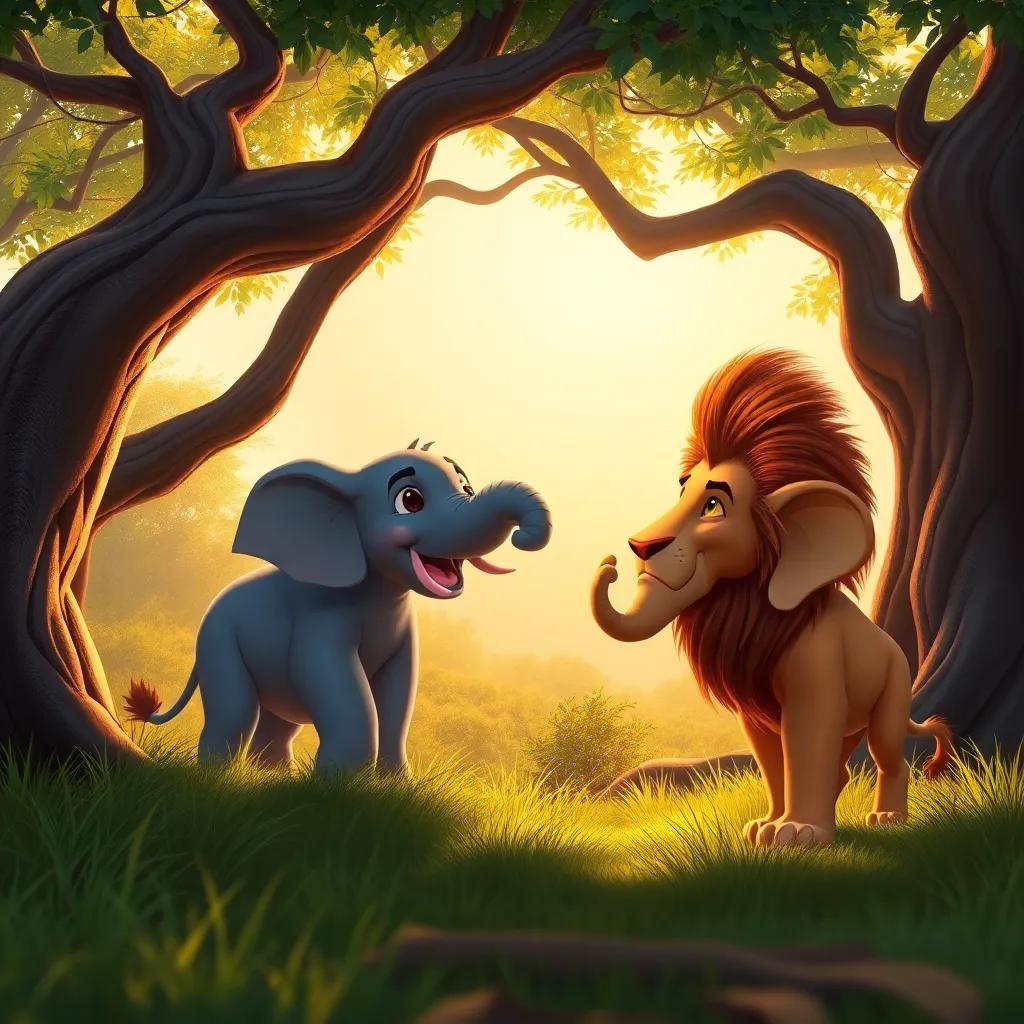 A majestic lion, the king of the jungle, watching Eduardo the elephant dance, with a proud expression, under a tree in a sunny clearing, vibrant colors, warm light, from a low angle, majestic scene