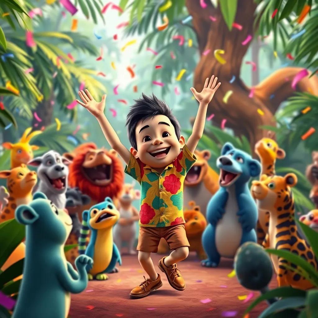 Eduardo dancing happily with his friends, a colorful gathering of animals in the jungle celebrating, confetti flying in the air, bright and festive colors, uplifting atmosphere, wide view