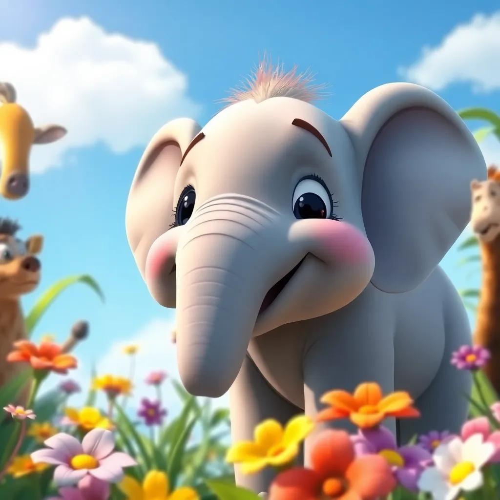 A close-up of Eduardo the young elephant beaming with happiness after receiving praise from the jungle animals, surrounded by colorful flowers and a bright blue sky, joyful, illustration quality, heartwarming
