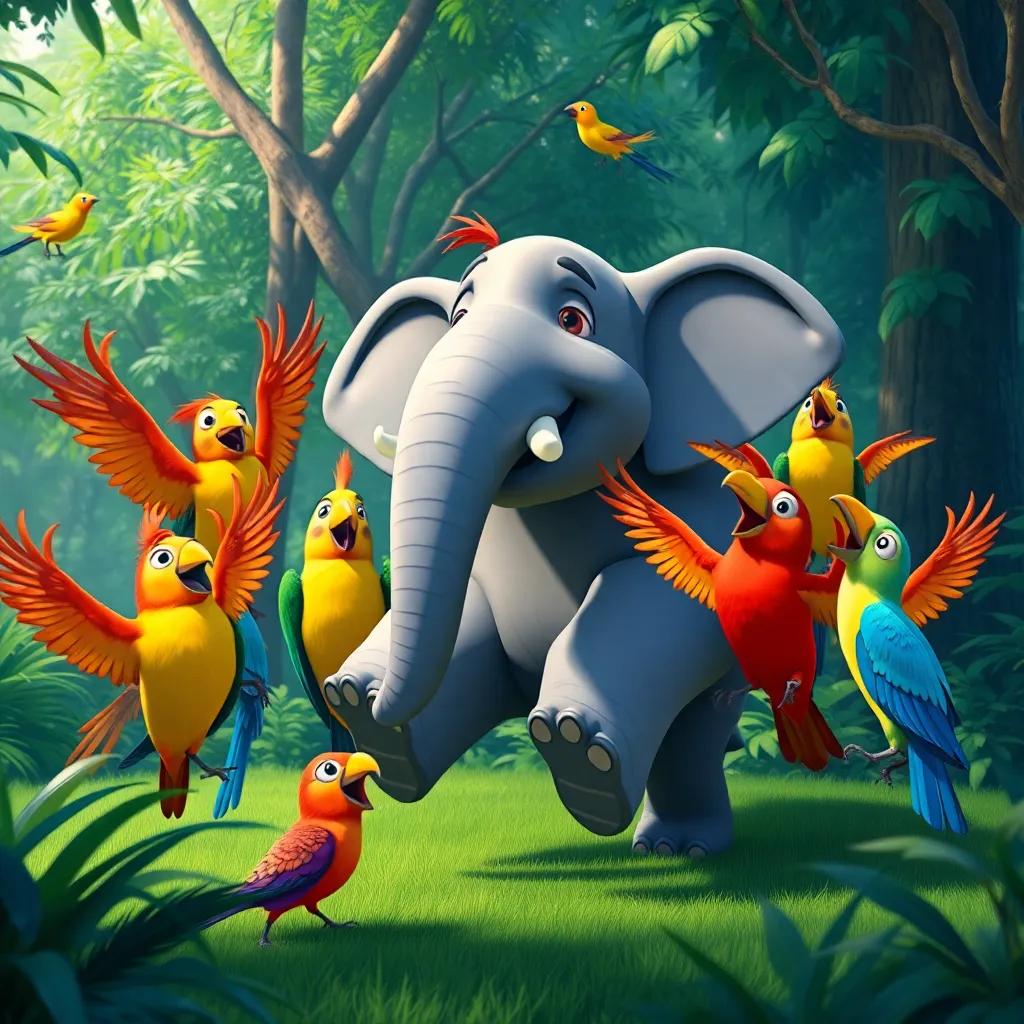 A group of colorful birds cheering and dancing around Tito, a large gray elephant who is joyfully moving his legs, in a lush green forest, bright colors, festive and friendly, whimsical scene, high quality