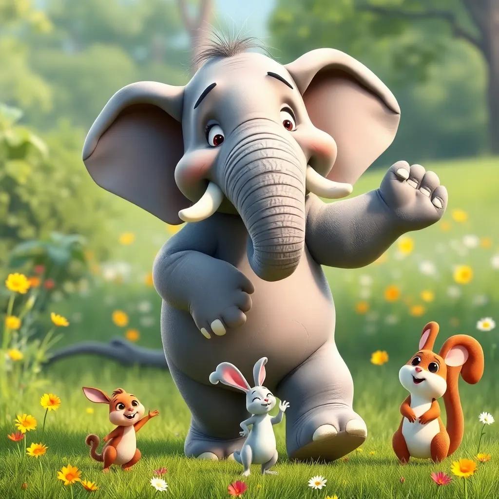 Tito, a large gray elephant with confident dance moves, surrounded by amazed animals like a rabbit and a squirrel in a cheerful meadow, bright colors, uplifting energy, whimsical atmosphere, high quality