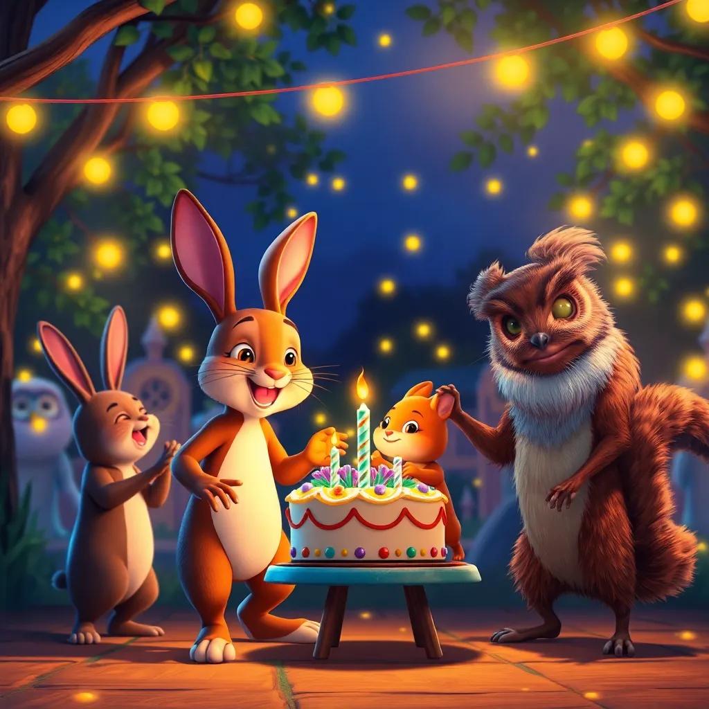 Tito's birthday dance party with animals of all sorts including a rabbit, squirrel, and old owl, illuminated by glowing fireflies at night, vibrant colors, joyful celebration, child-friendly art, high quality