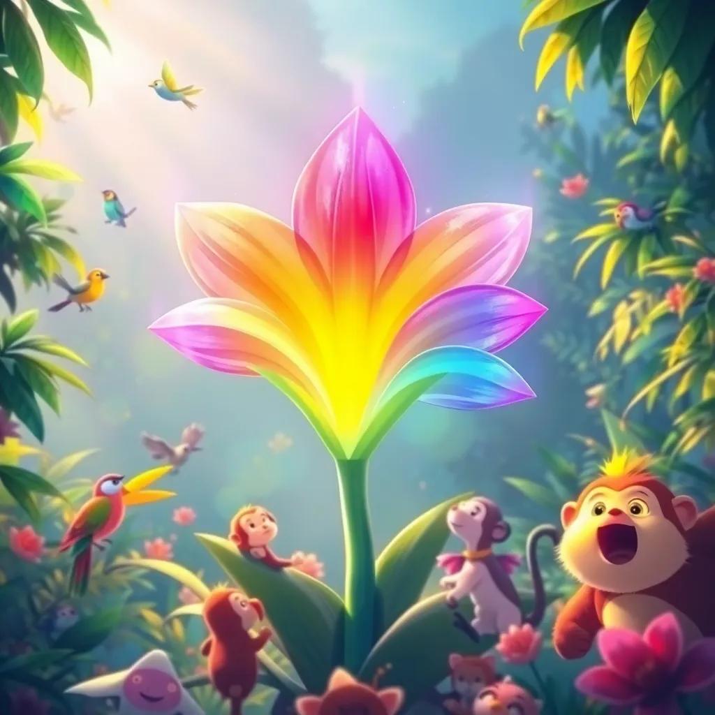 A magical, colorful flower glowing in the jungle sunlight, with rainbow petals swaying in the breeze, surrounded by curious animals including birds and monkeys, illustration, bright colors, fantastical, warm ambiance
