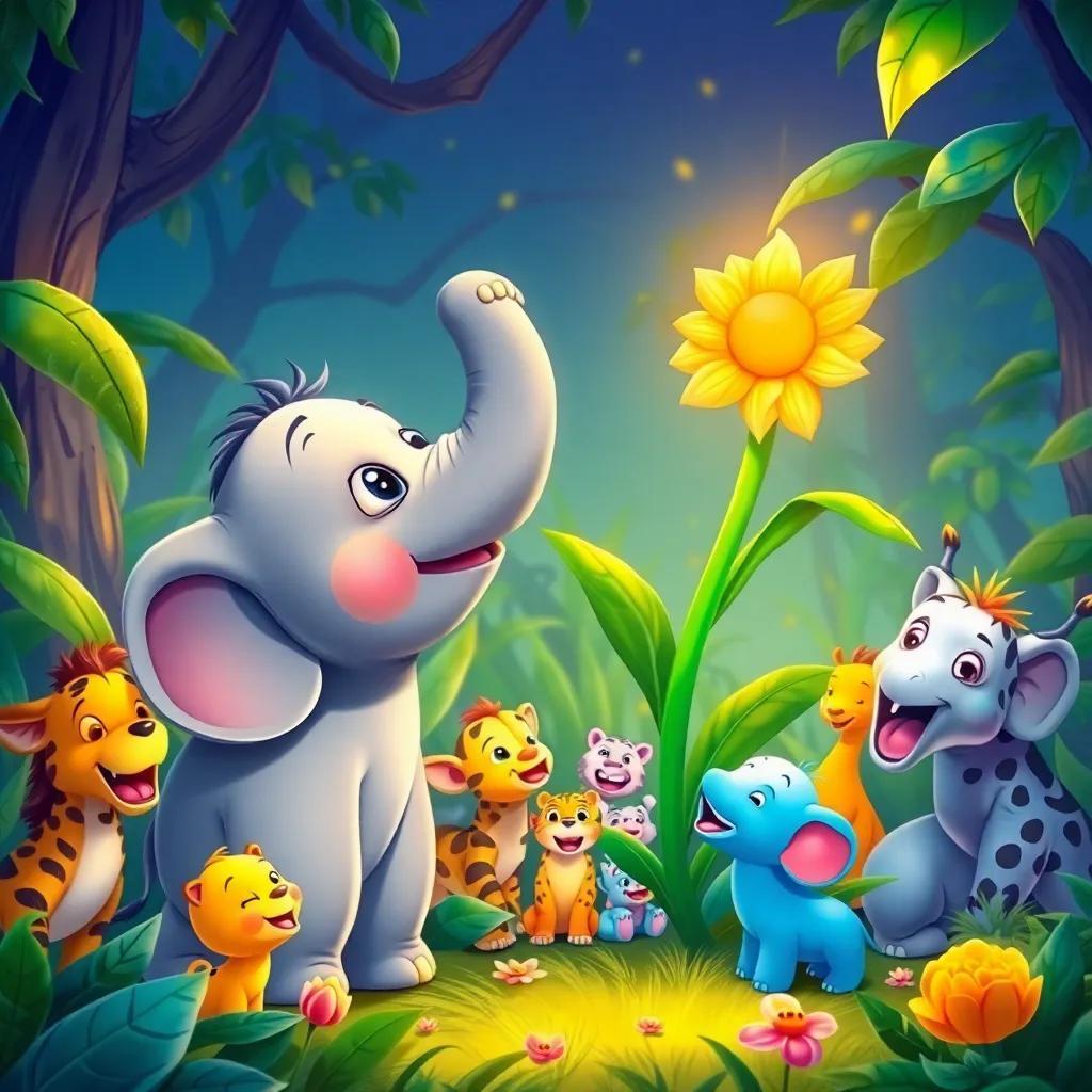 Elio, the elephant, touching the magical flower with his trunk, and the flower is laughing joyfully, jungle animals gathered around, all looking amazed and happy, digital art, vibrant, heartwarming scene, child-friendly